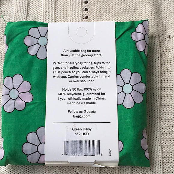 NWT BAGGU Green Daisy Reusable Shopping Bag Tote Purse Standard Size - Picture 6 of 11